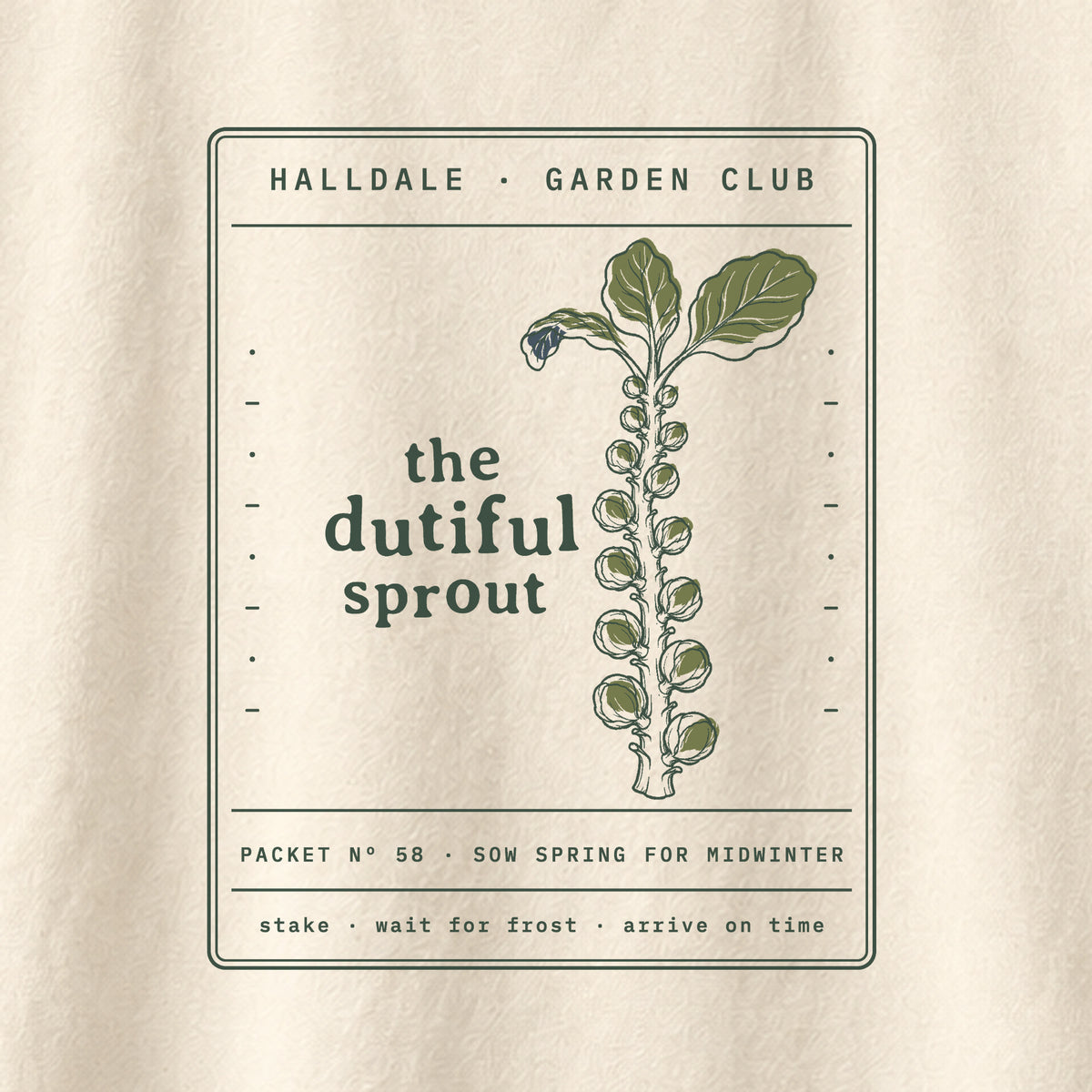 The Dutiful Sprout tee in Ivory, close-up of the print