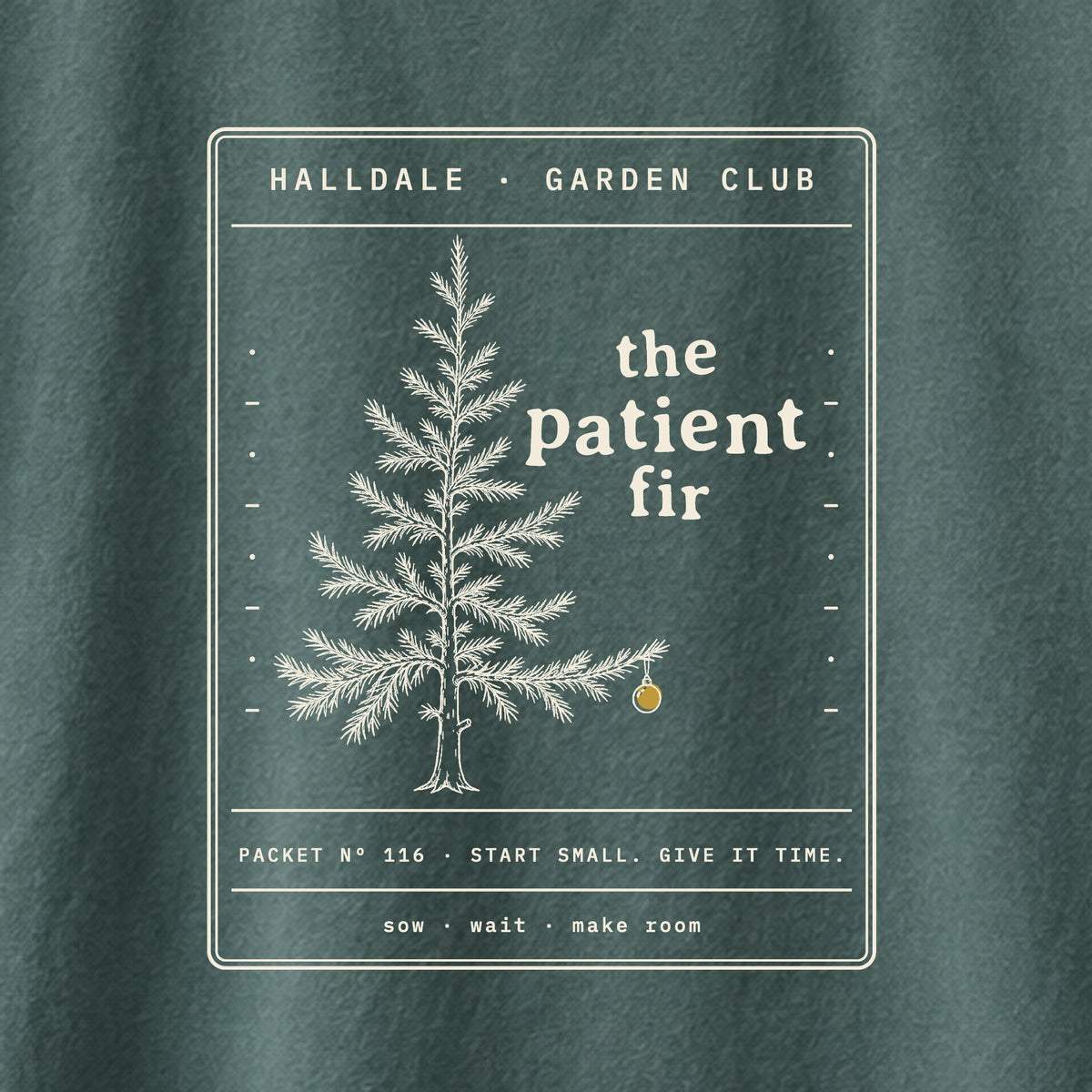 The Patient Fir tee in Blue Spruce, close-up of the print