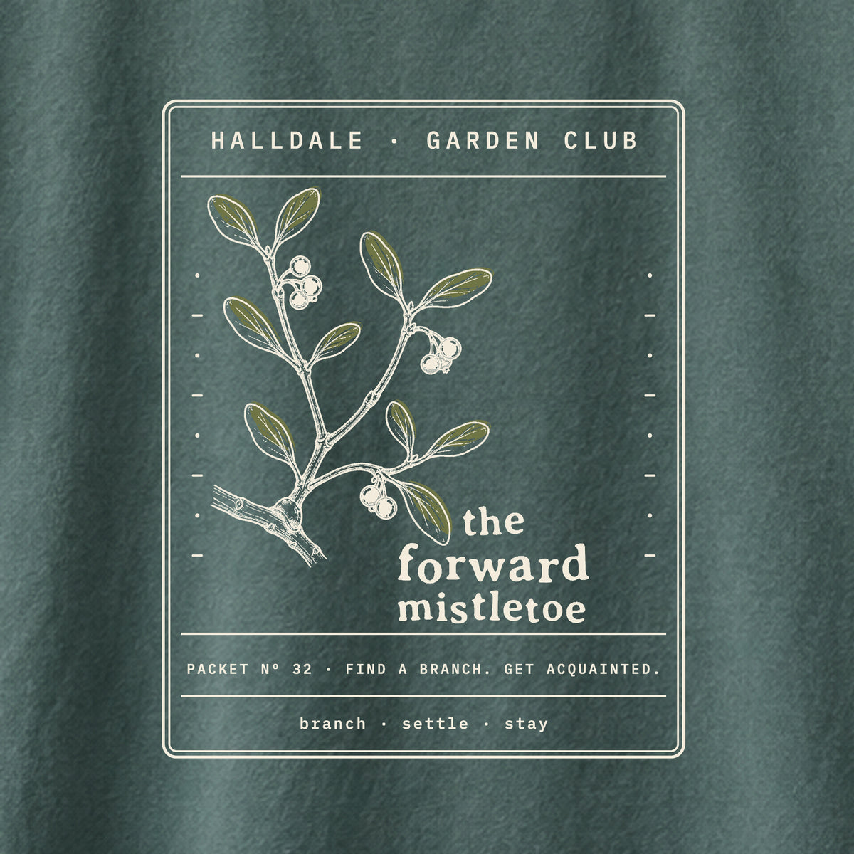 The Forward Mistletoe tee in Blue Spruce, close-up of the print