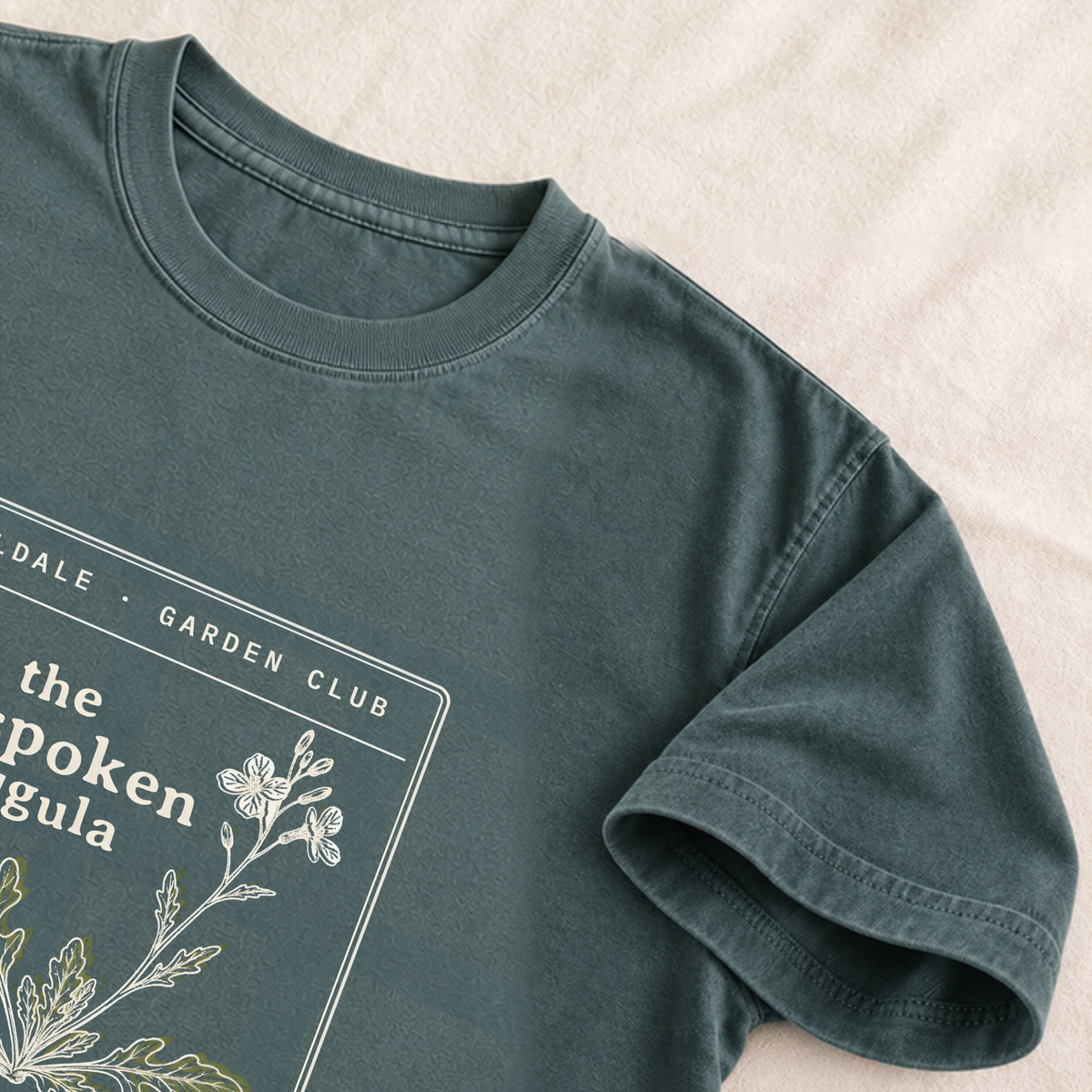 The Outspoken Arugula tee in Blue Spruce, detail