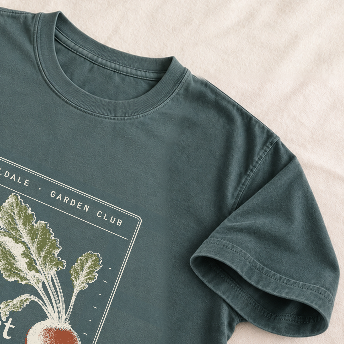 The Modest Beet tee in Blue Spruce, detail
