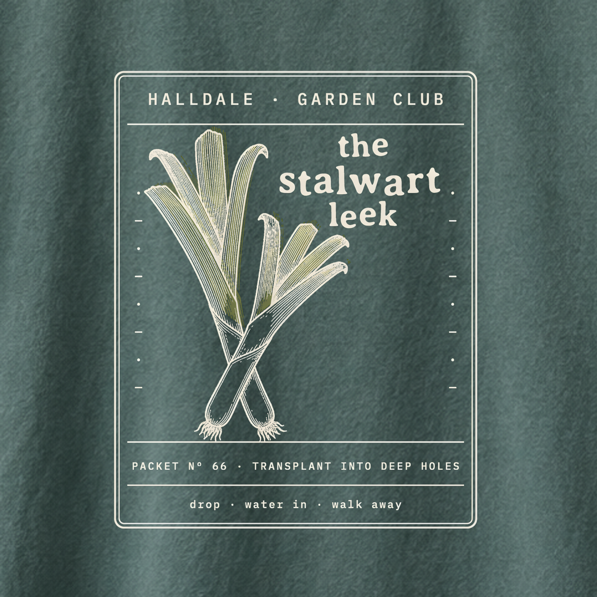 The Stalwart Leek tee in Blue Spruce, close-up of the print