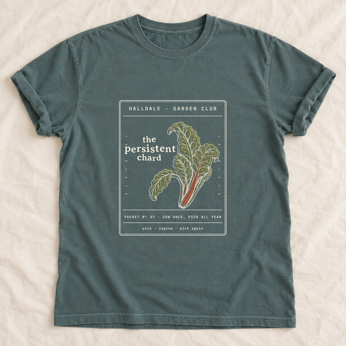 The Persistent Chard tee in Blue Spruce, laid flat