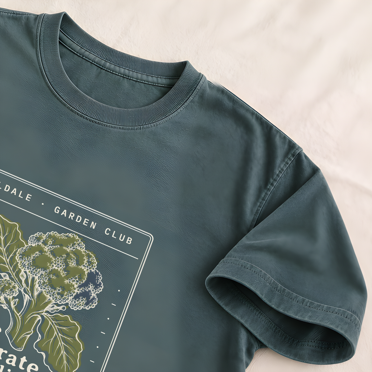 The Considerate Broccoli tee in Blue Spruce, detail