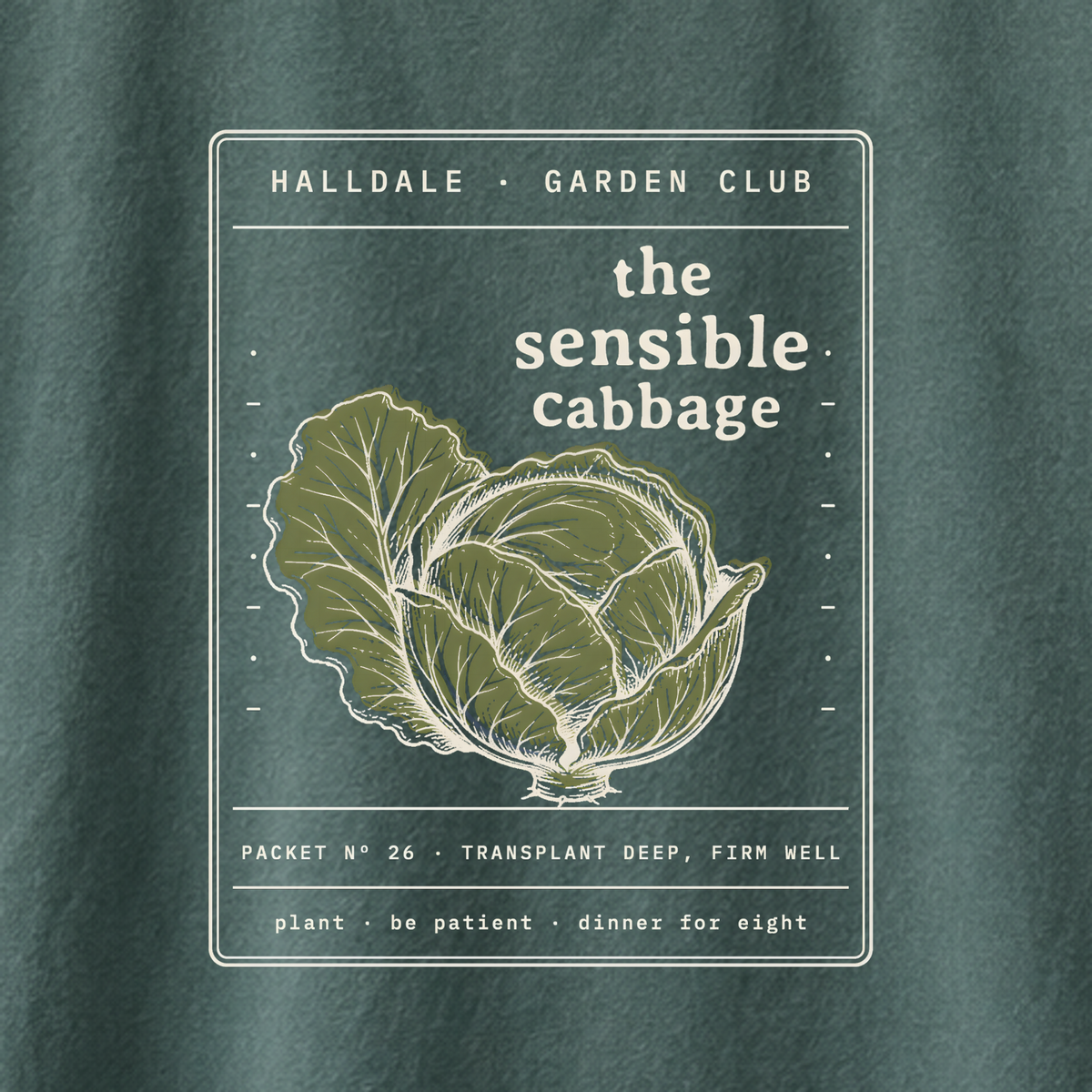 The Sensible Cabbage tee in Blue Spruce, close-up of the print