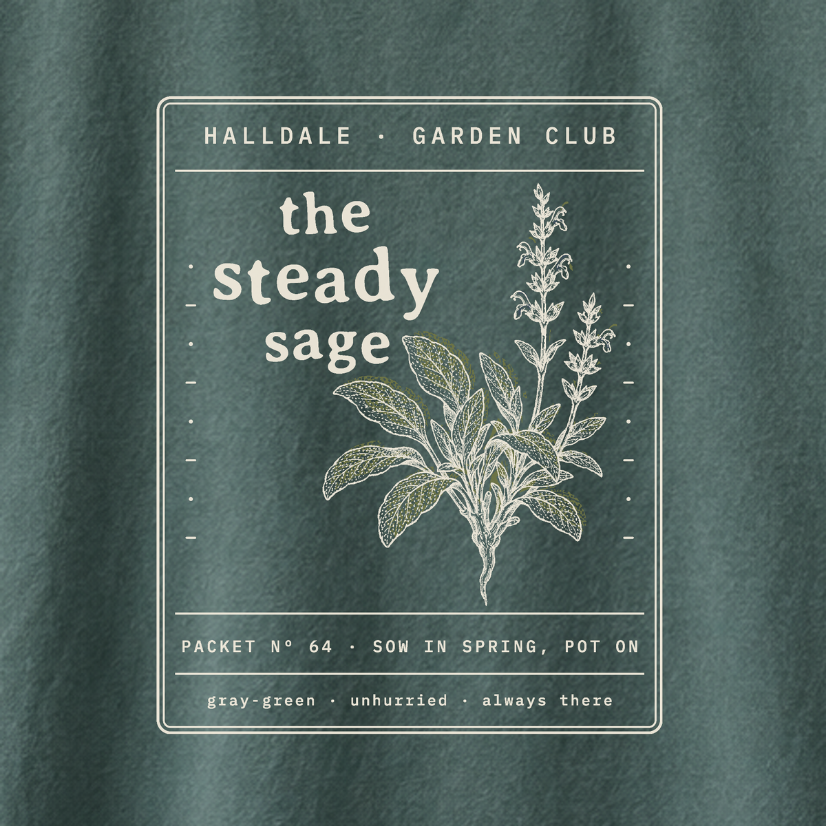 The Steady Sage tee in Blue Spruce, close-up of the print