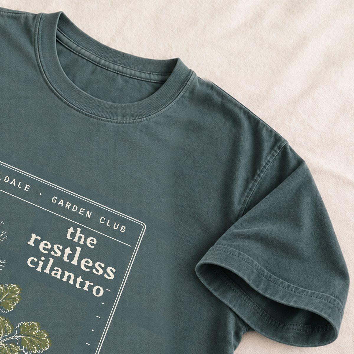 The Restless Cilantro tee in Blue Spruce, detail