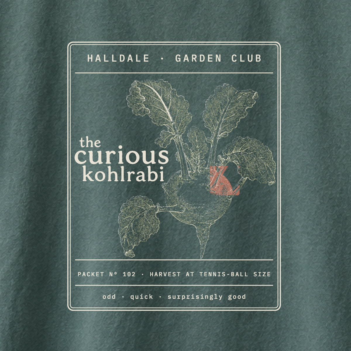 The Curious Kohlrabi tee in Blue Spruce, close-up of the print