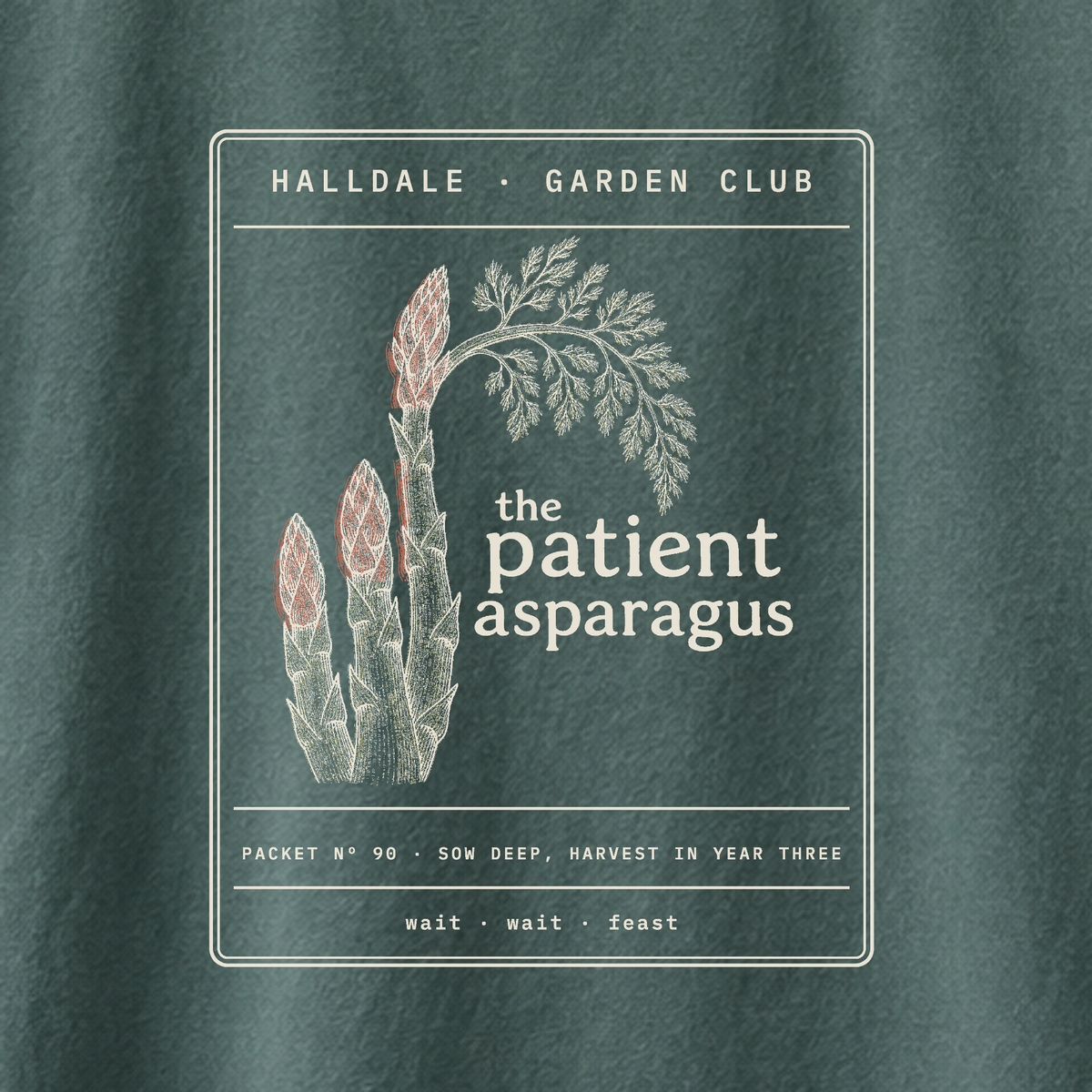 The Patient Asparagus tee in Blue Spruce, close-up of the print