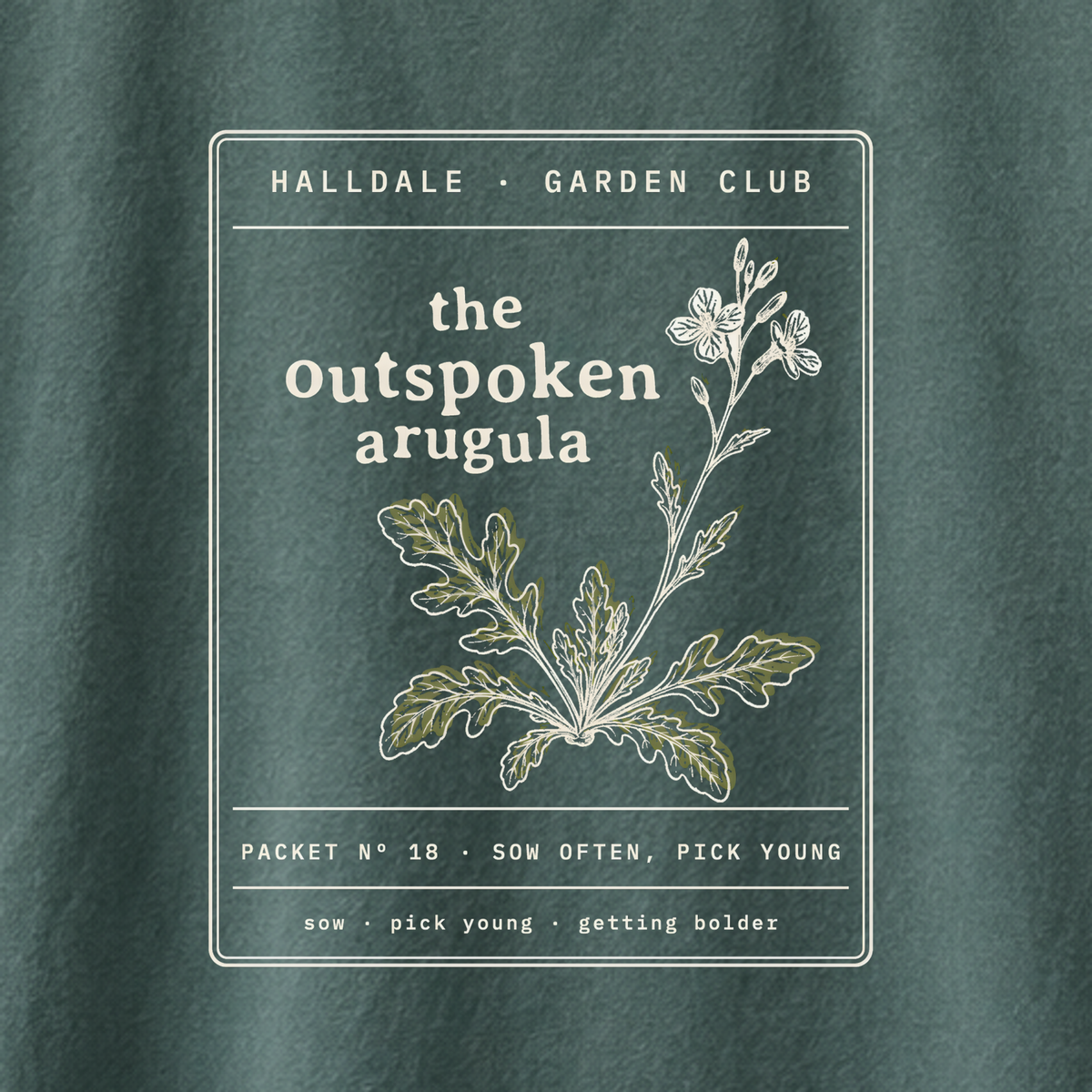 The Outspoken Arugula tee in Blue Spruce, close-up of the print