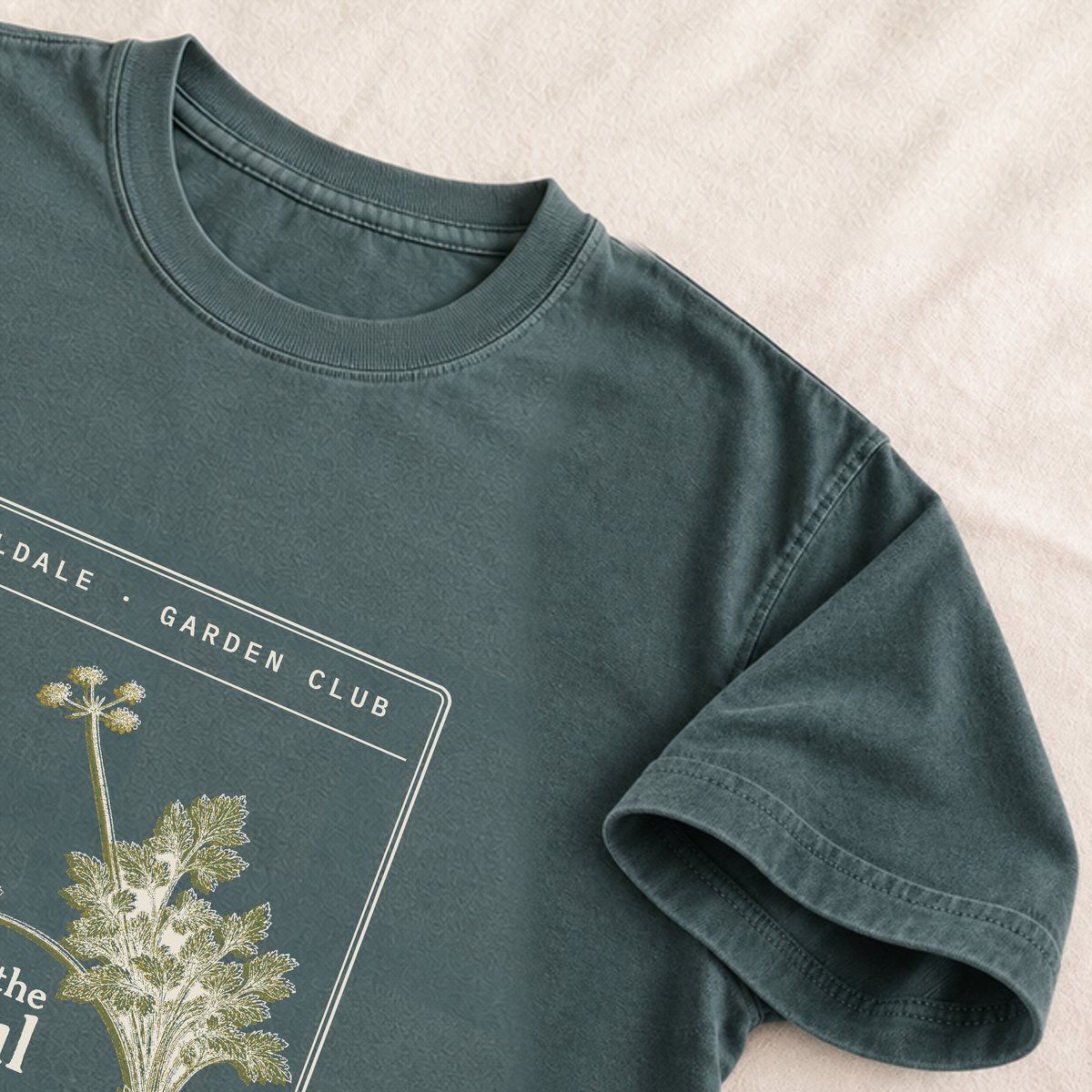 The Faithful Parsley tee in Blue Spruce, detail