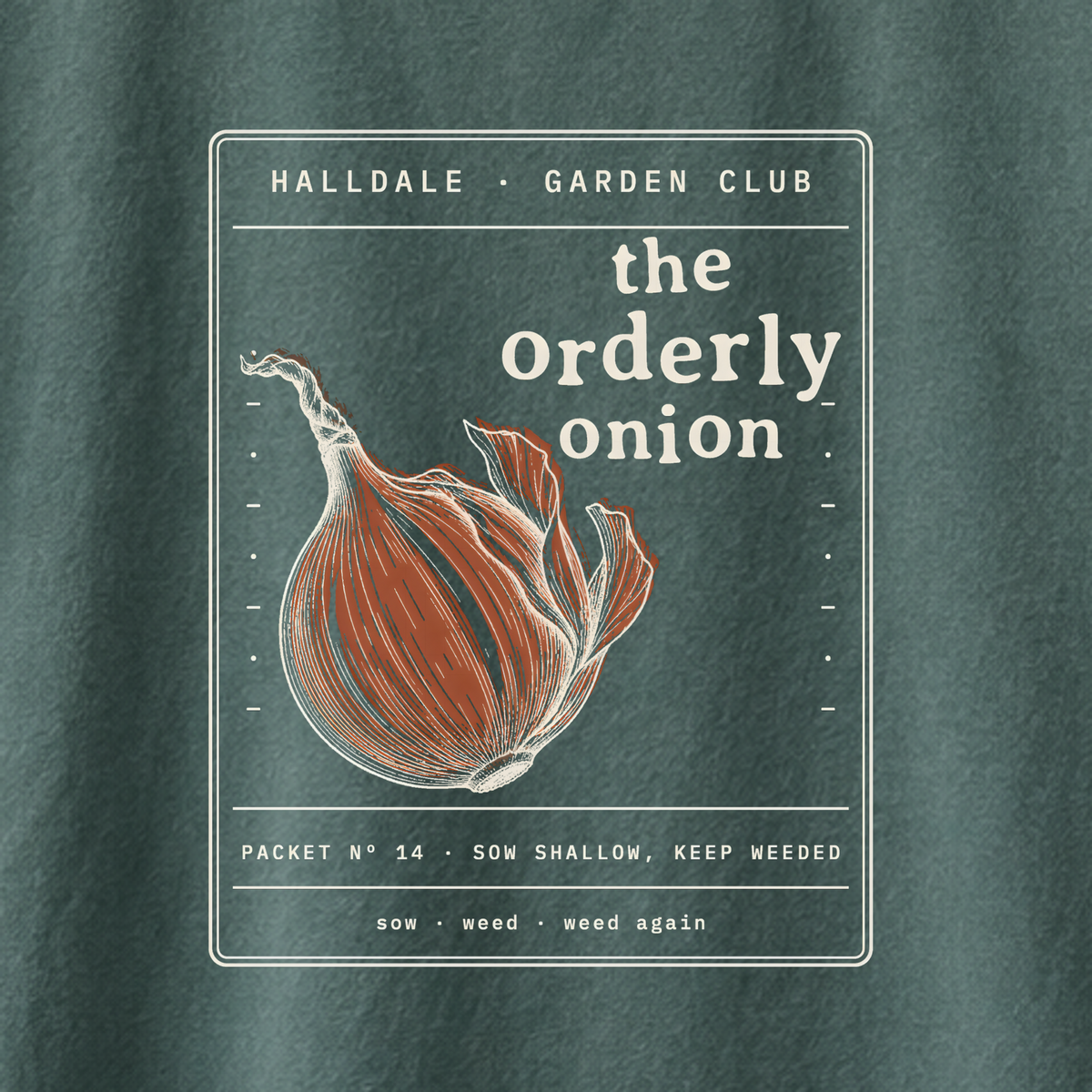 The Orderly Onion tee in Blue Spruce, close-up of the print