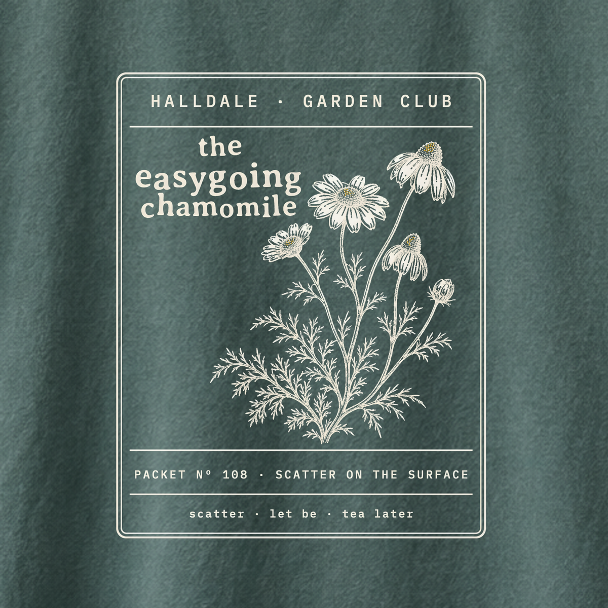 The Easygoing Chamomile tee in Blue Spruce, close-up of the print