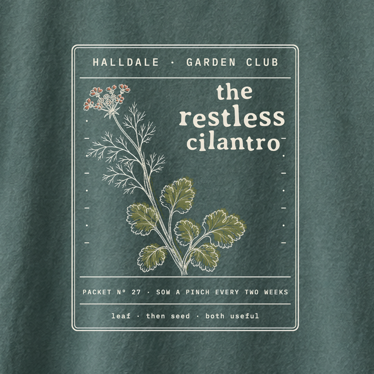 The Restless Cilantro tee in Blue Spruce, close-up of the print