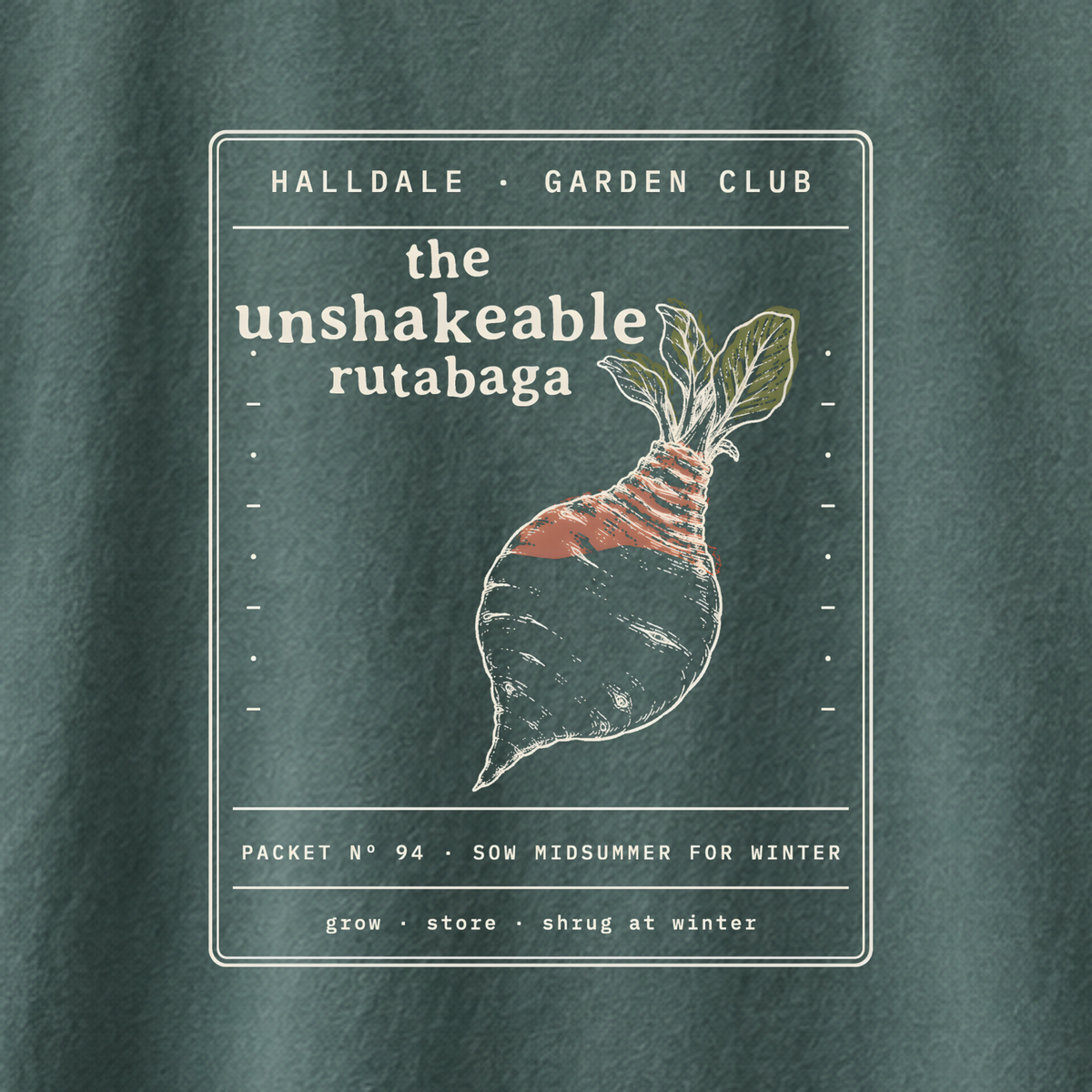 The Unshakeable Rutabaga tee in Blue Spruce, close-up of the print