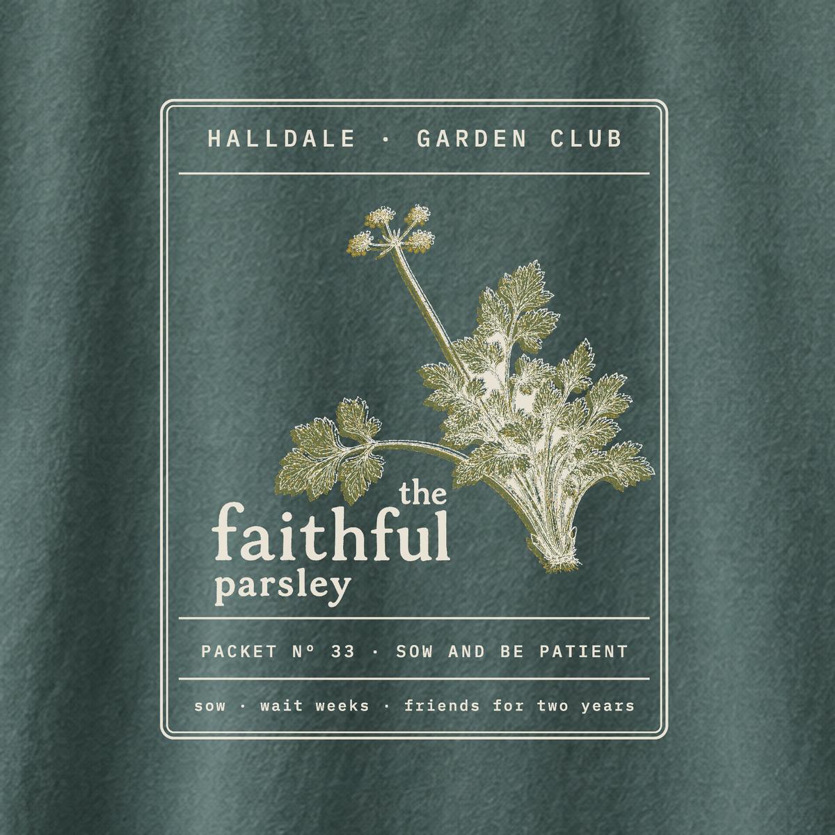 The Faithful Parsley tee in Blue Spruce, close-up of the print