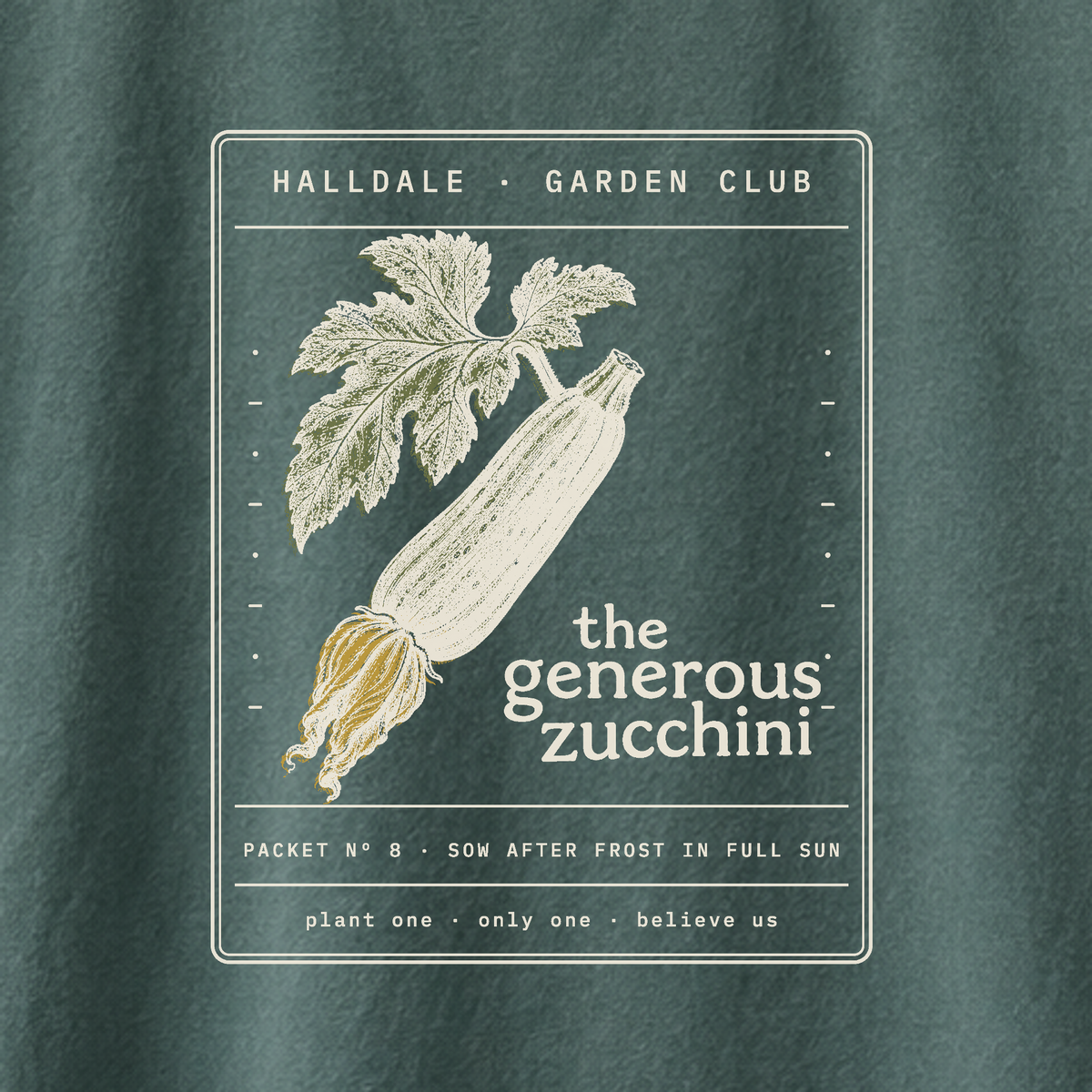 The Generous Zucchini tee in Blue Spruce, close-up of the print