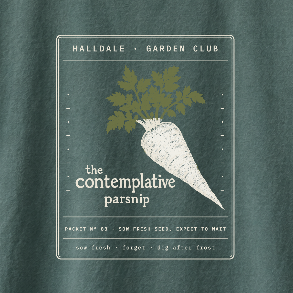 The Contemplative Parsnip tee in Blue Spruce, close-up of the print