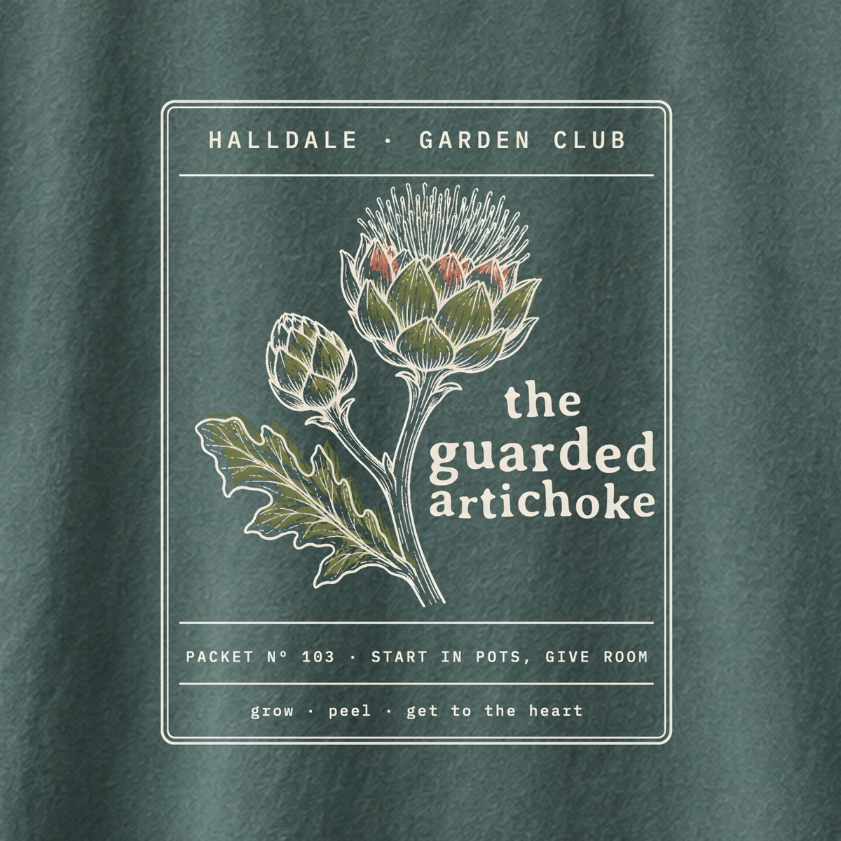 The Guarded Artichoke tee in Blue Spruce, close-up of the print