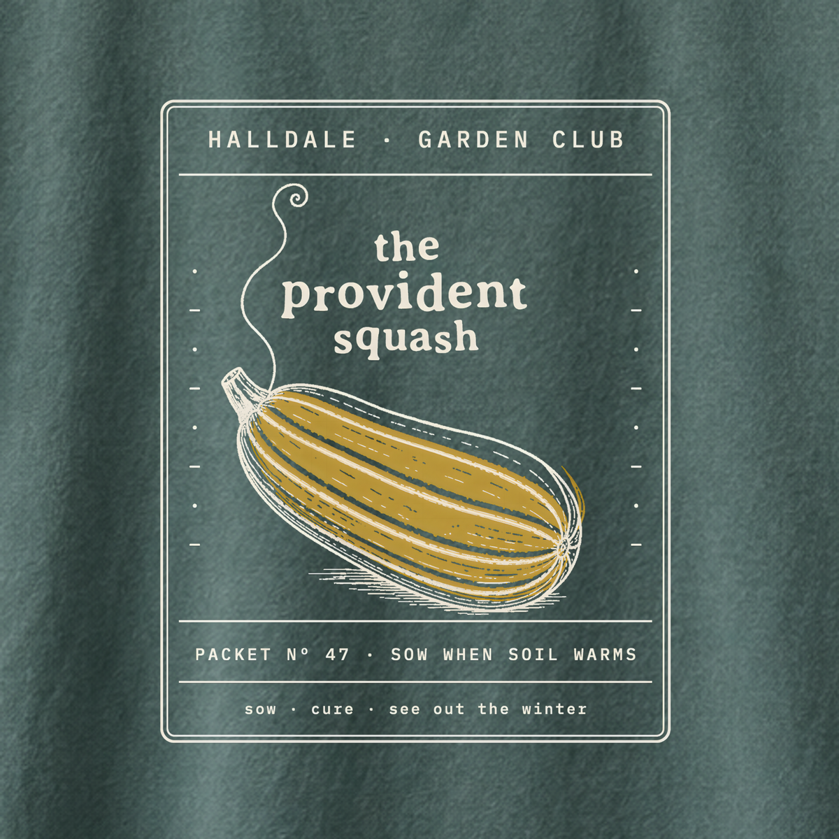 The Provident Squash tee in Blue Spruce, close-up of the print