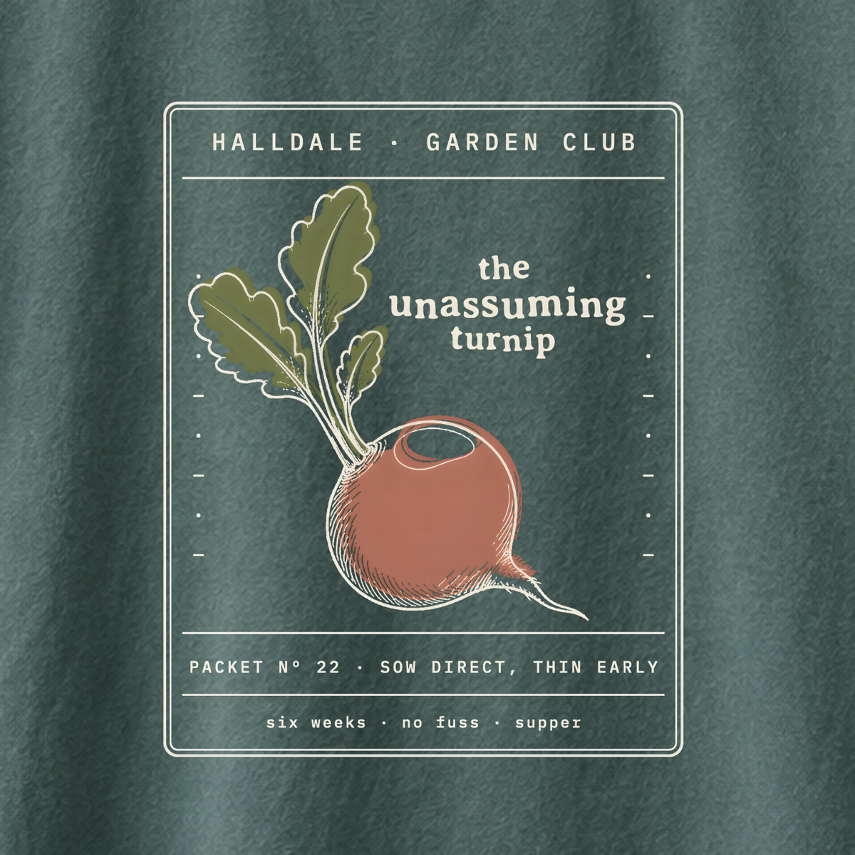 The Unassuming Turnip tee in Blue Spruce, close-up of the print
