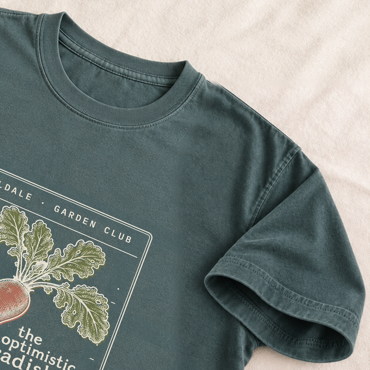 The Optimistic Radish tee in Blue Spruce, detail