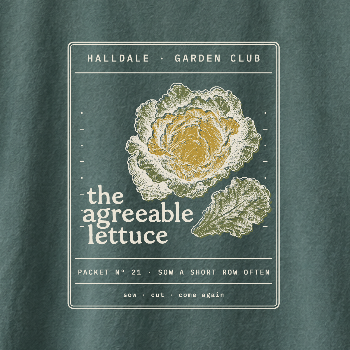 The Agreeable Lettuce tee in Blue Spruce, close-up of the print