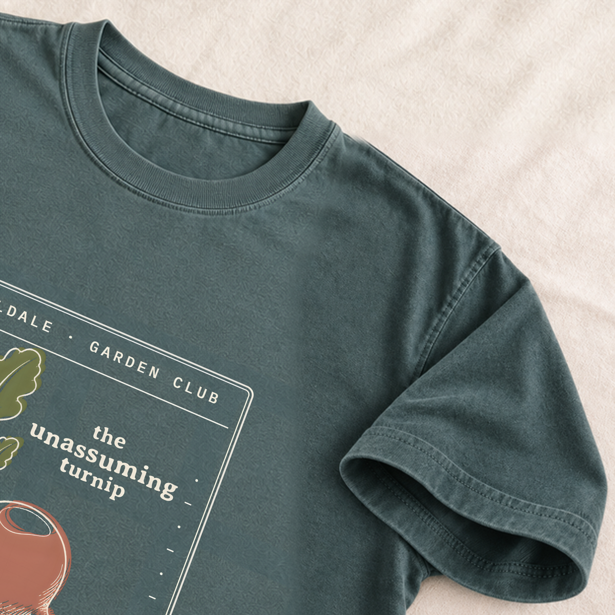 The Unassuming Turnip tee in Blue Spruce, detail