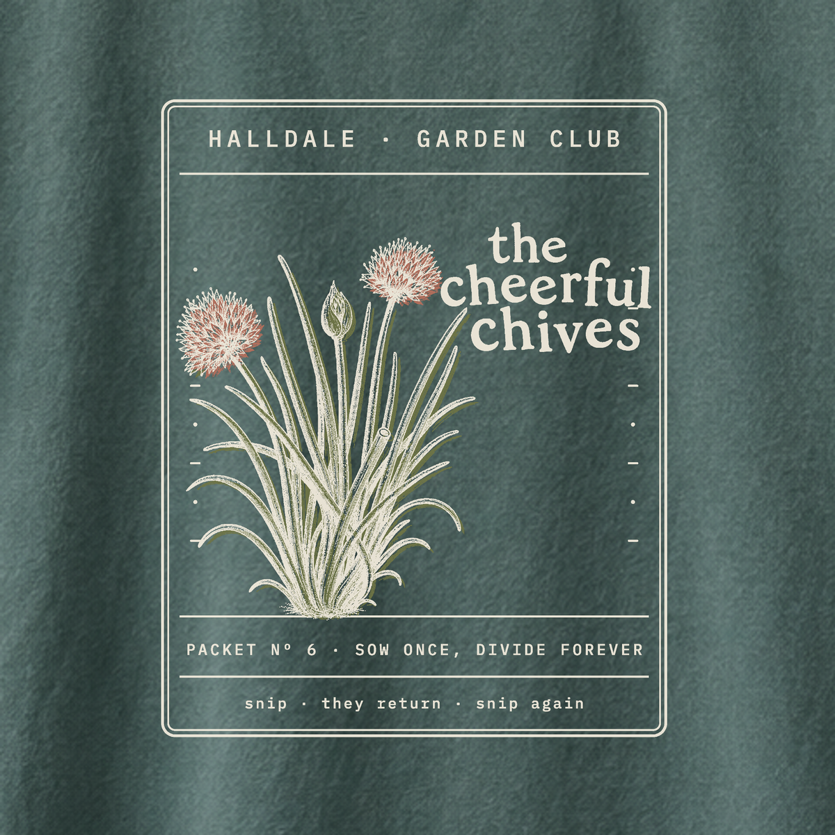 The Cheerful Chives tee in Blue Spruce, close-up of the print