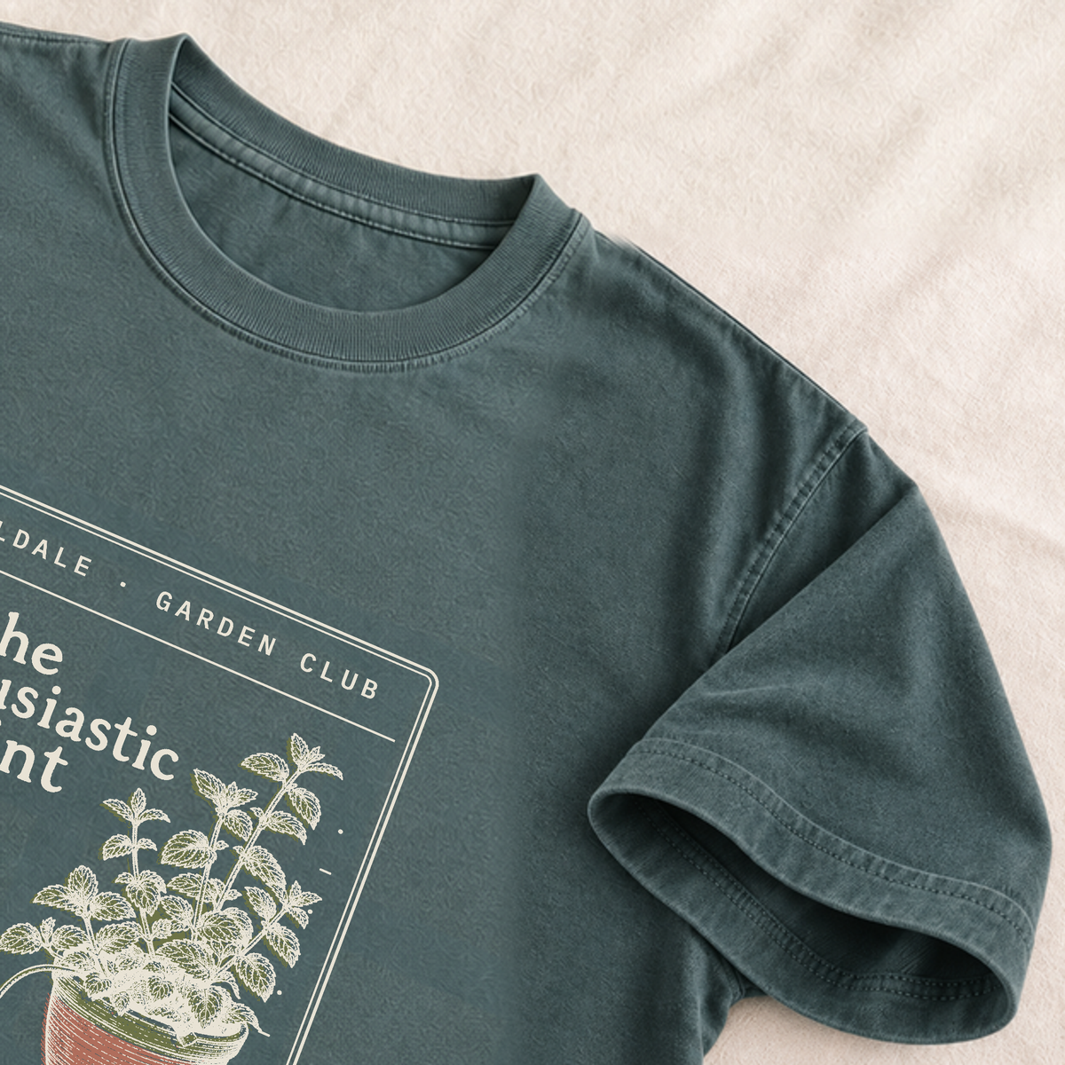 The Enthusiastic Mint tee in Blue Spruce, detail
