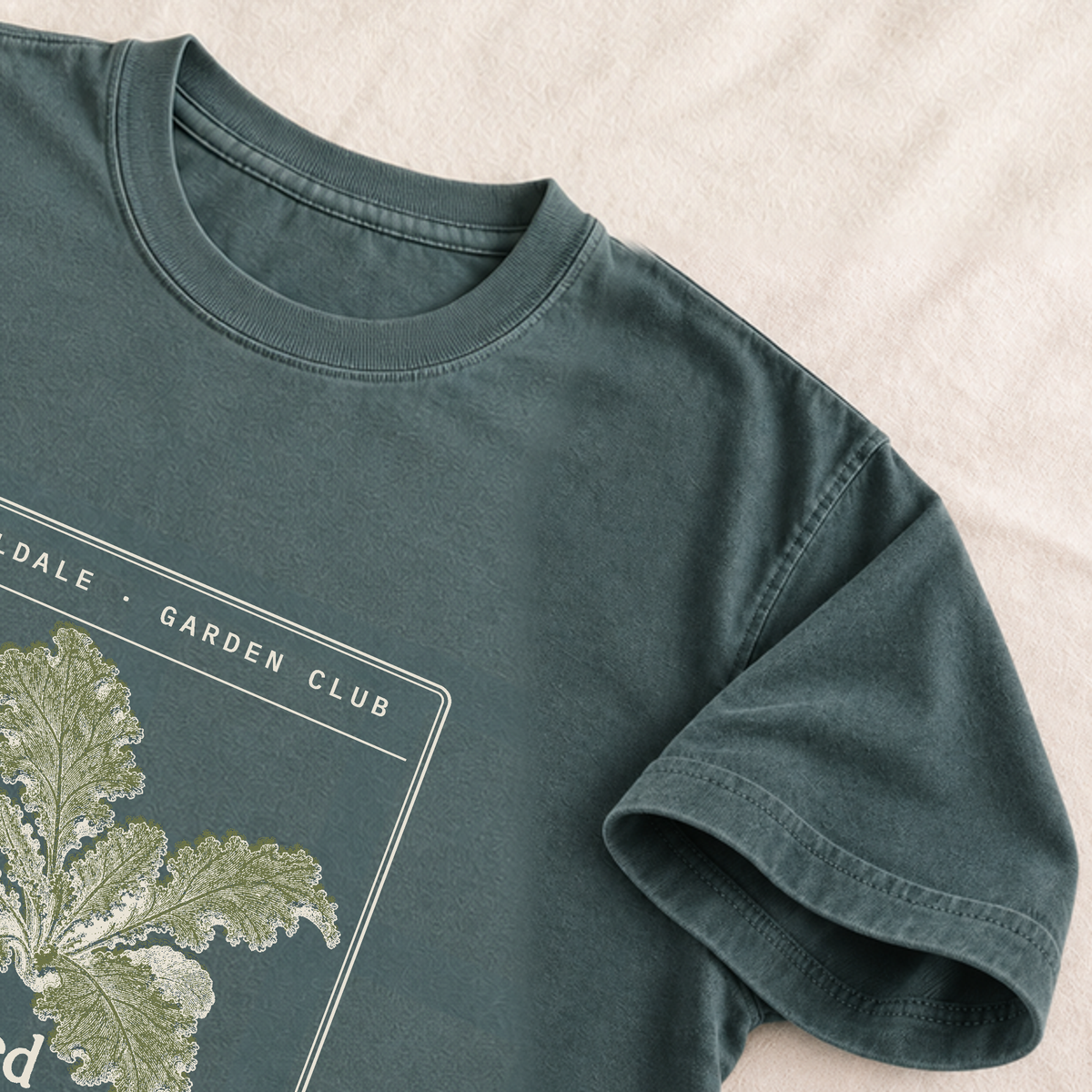 The Undaunted Kale tee in Blue Spruce, detail