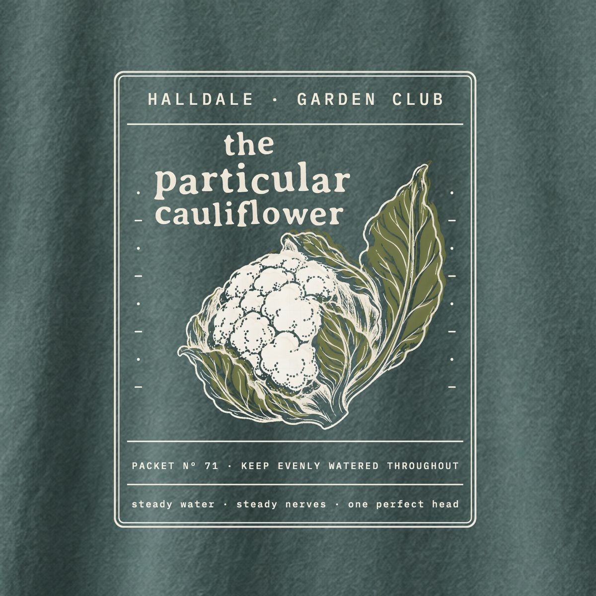 The Particular Cauliflower tee in Blue Spruce, close-up of the print