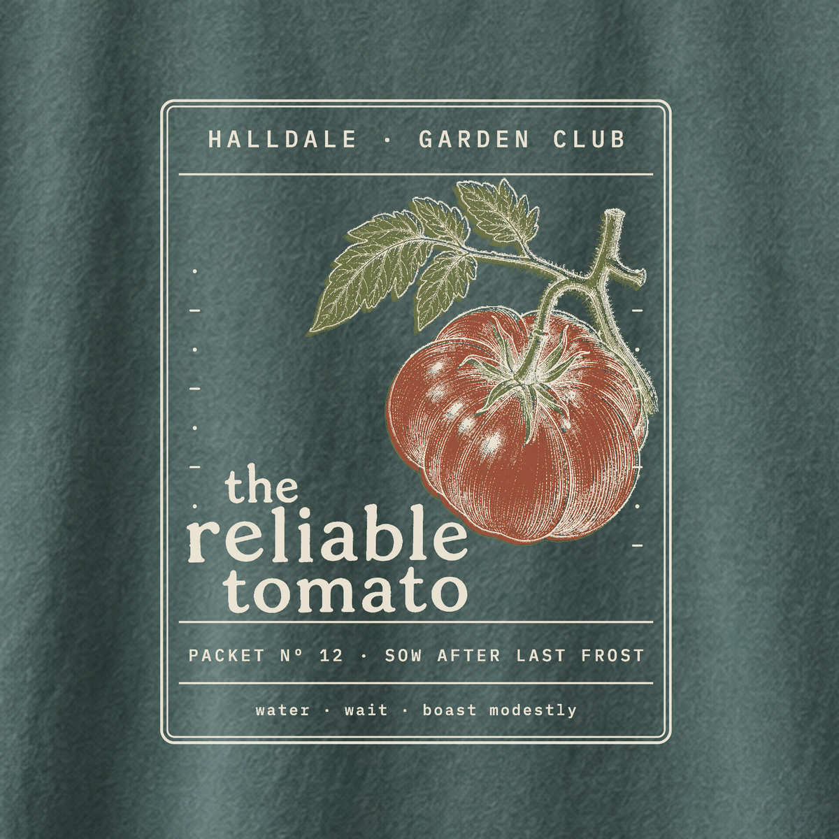 The Reliable Tomato tee in Blue Spruce, close-up of the print