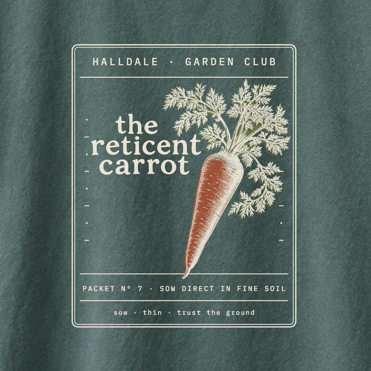 The Reticent Carrot tee in Blue Spruce, close-up of the print