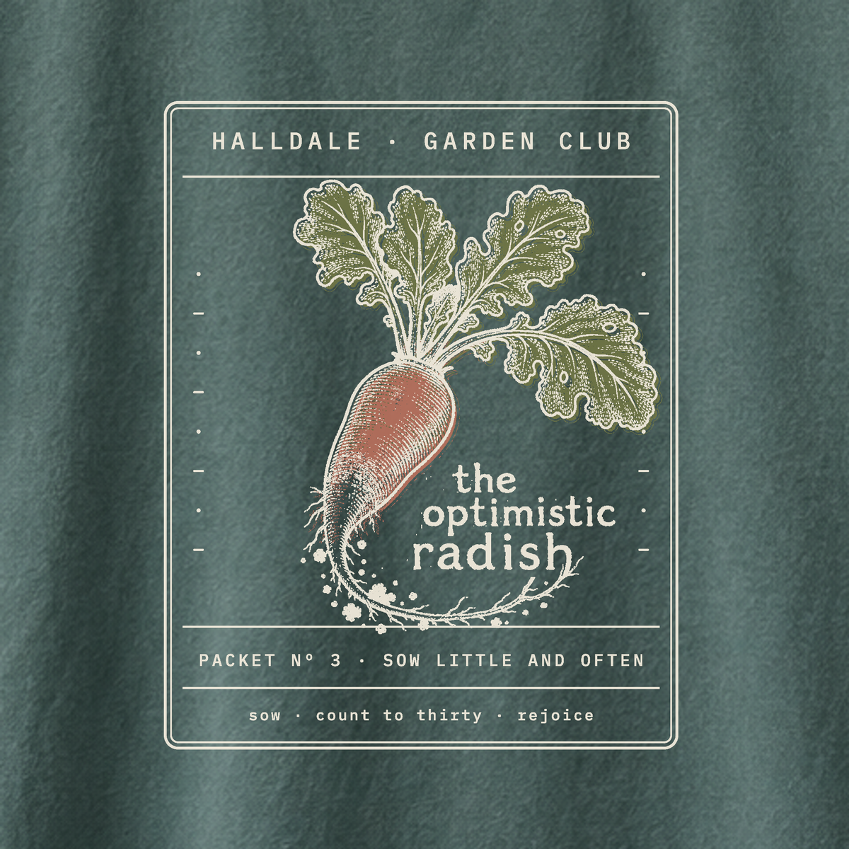 The Optimistic Radish tee in Blue Spruce, close-up of the print