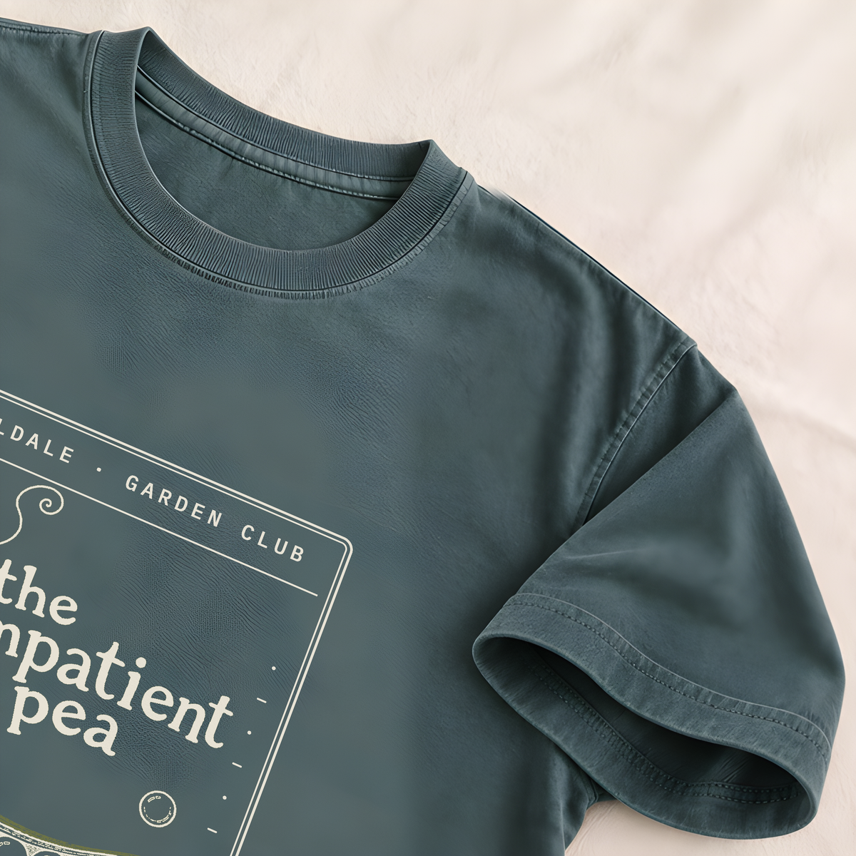 The Impatient Pea tee in Blue Spruce, detail