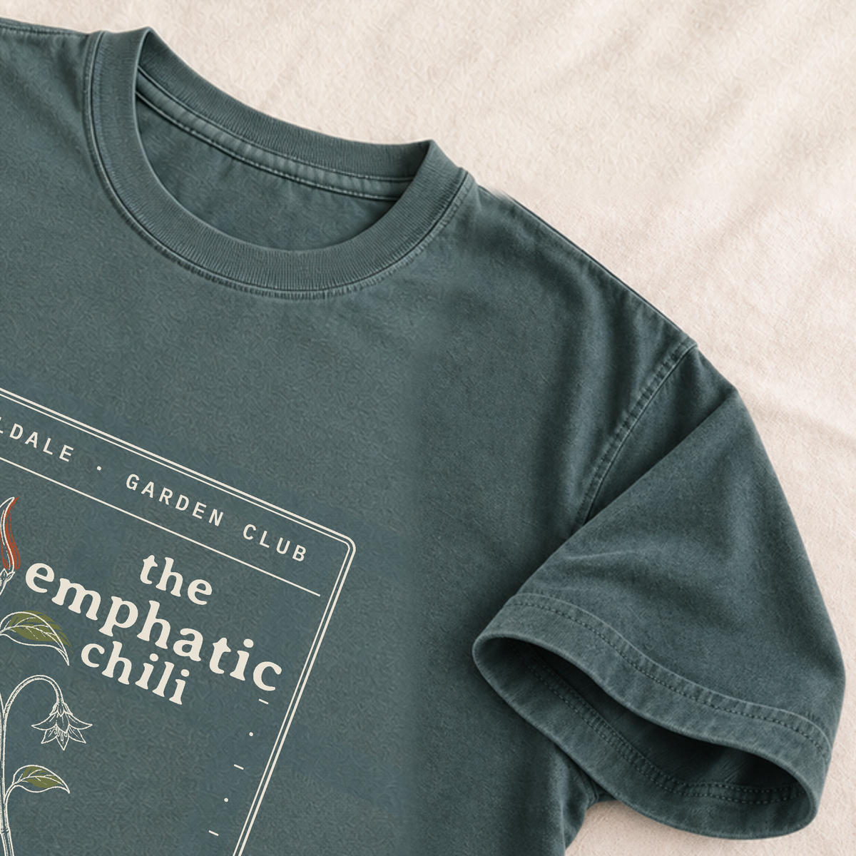 The Emphatic Chili tee in Blue Spruce, detail