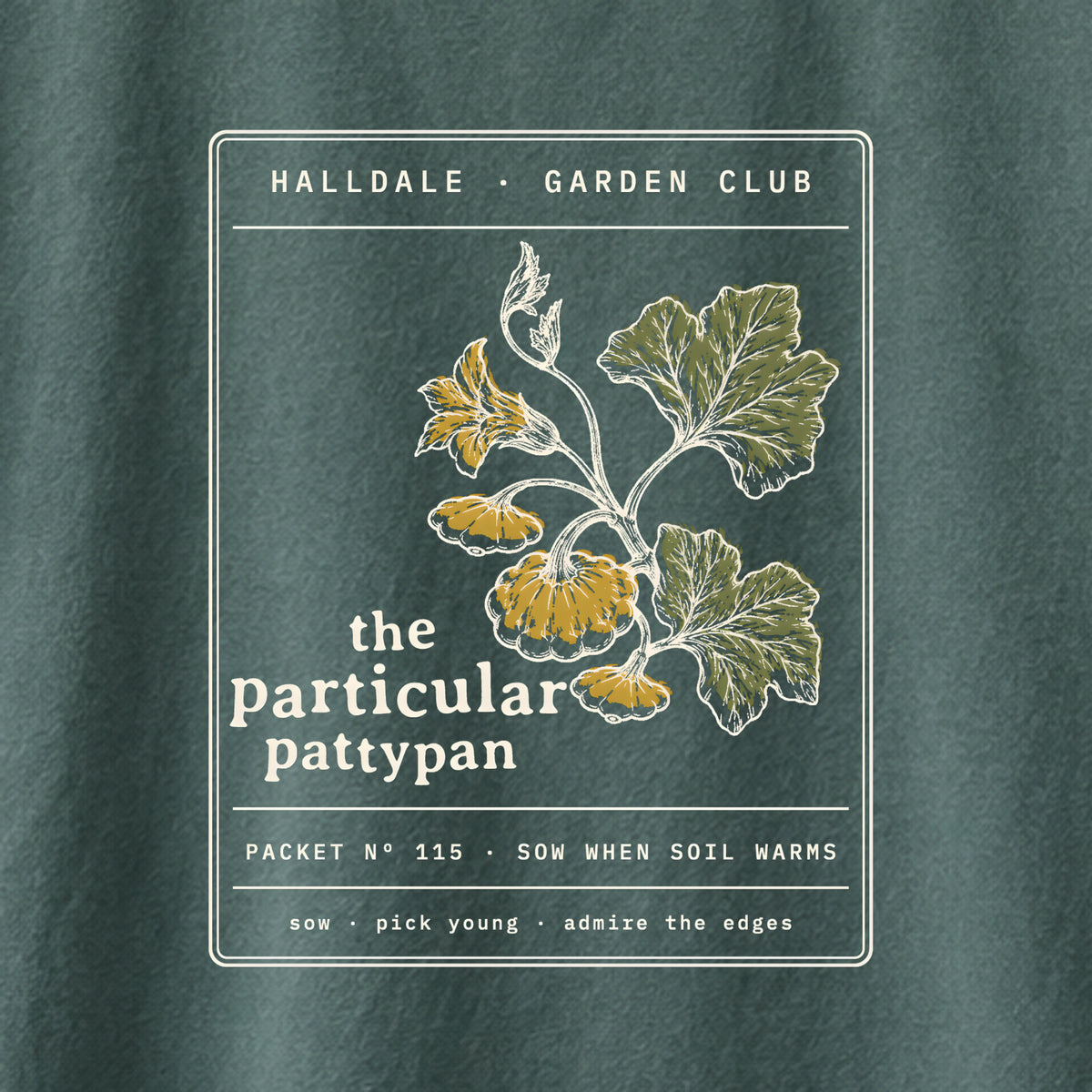 The Particular Pattypan tee in Blue Spruce, close-up of the print