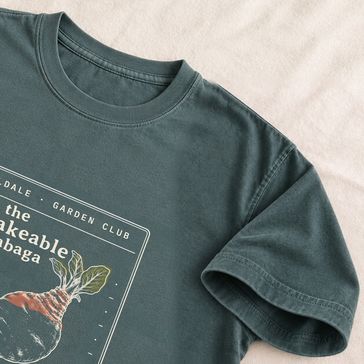 The Unshakeable Rutabaga tee in Blue Spruce, detail