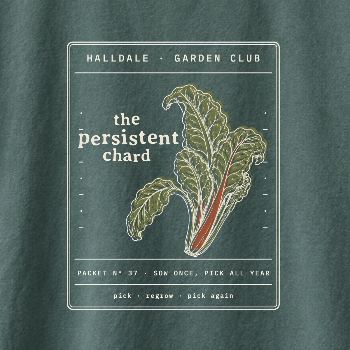 The Persistent Chard tee in Blue Spruce, close-up of the print