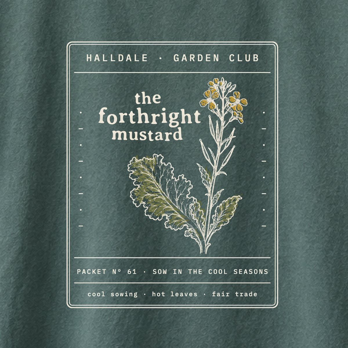 The Forthright Mustard tee in Blue Spruce, close-up of the print