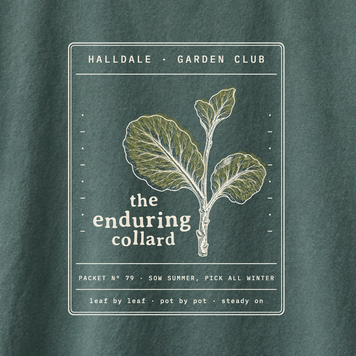 The Enduring Collard tee in Blue Spruce, close-up of the print