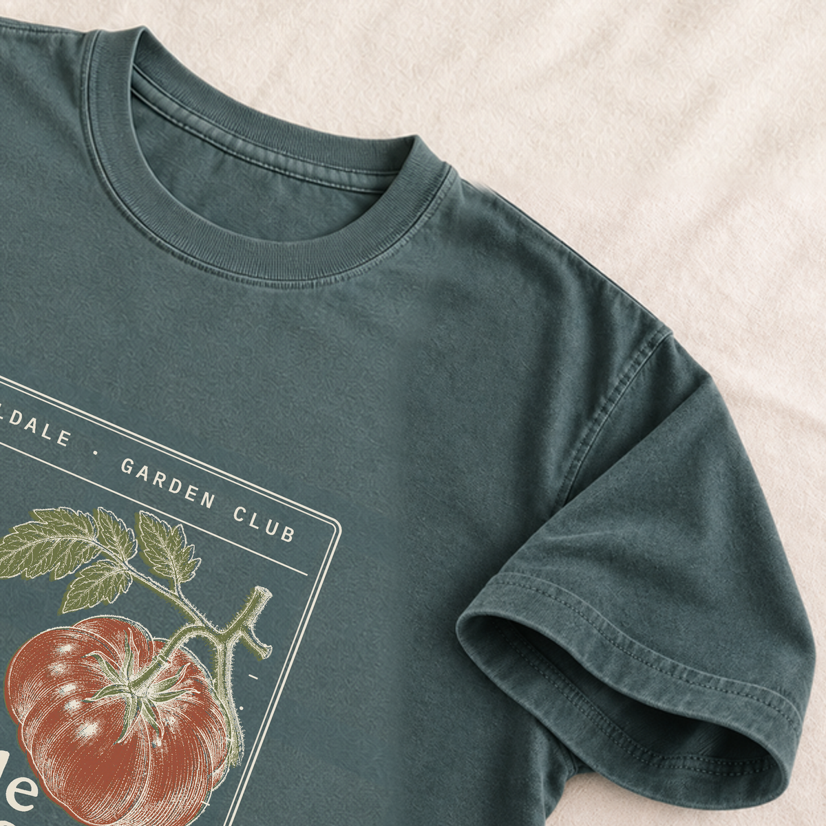 The Reliable Tomato tee in Blue Spruce, detail