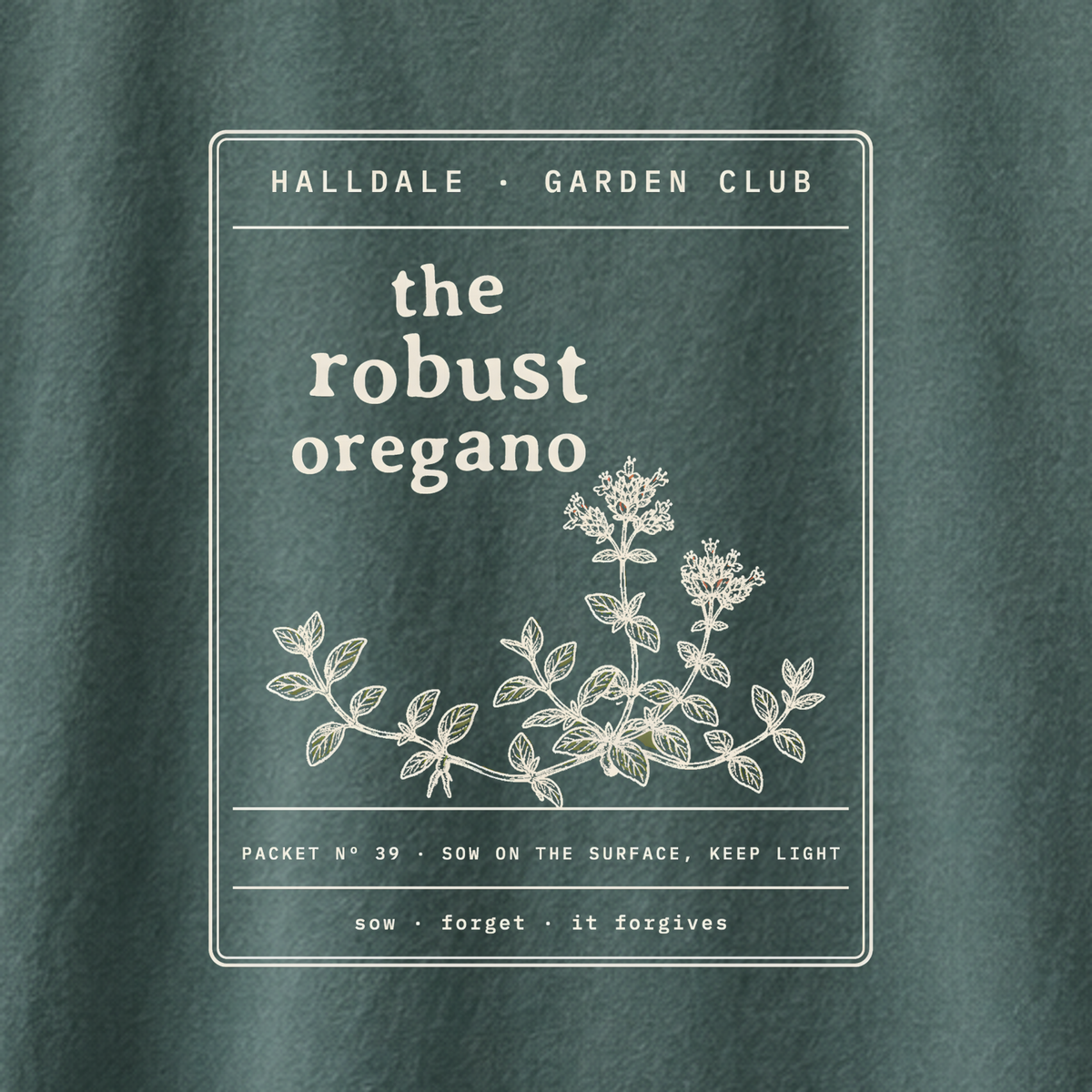 The Robust Oregano tee in Blue Spruce, close-up of the print