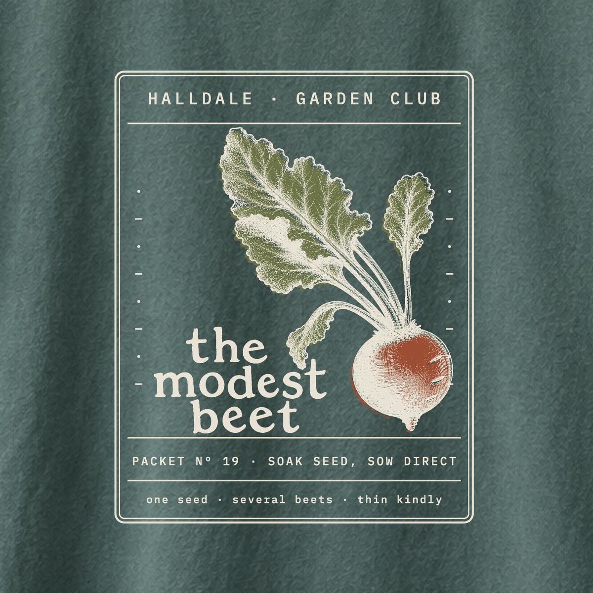 The Modest Beet tee in Blue Spruce, close-up of the print
