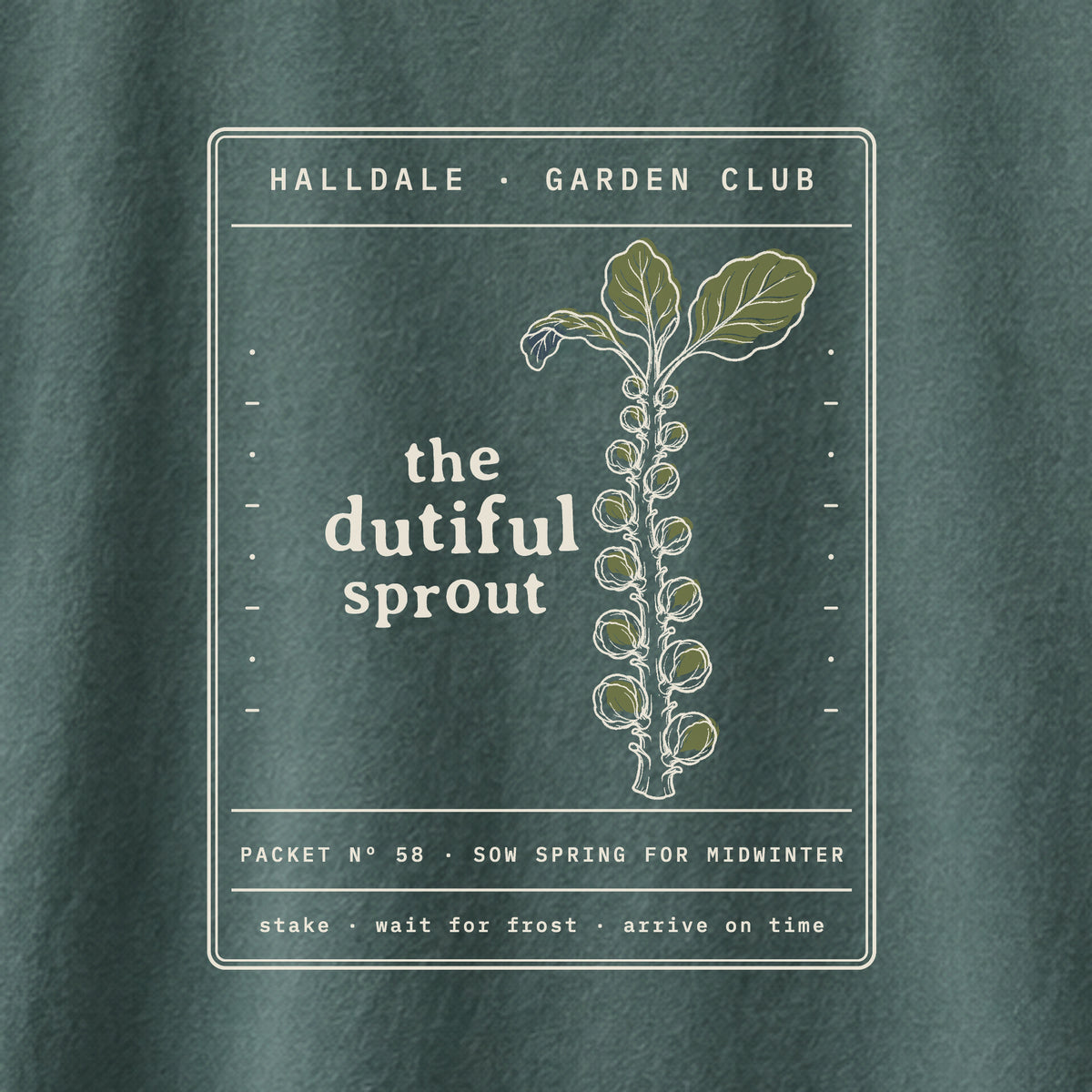 The Dutiful Sprout tee in Blue Spruce, close-up of the print