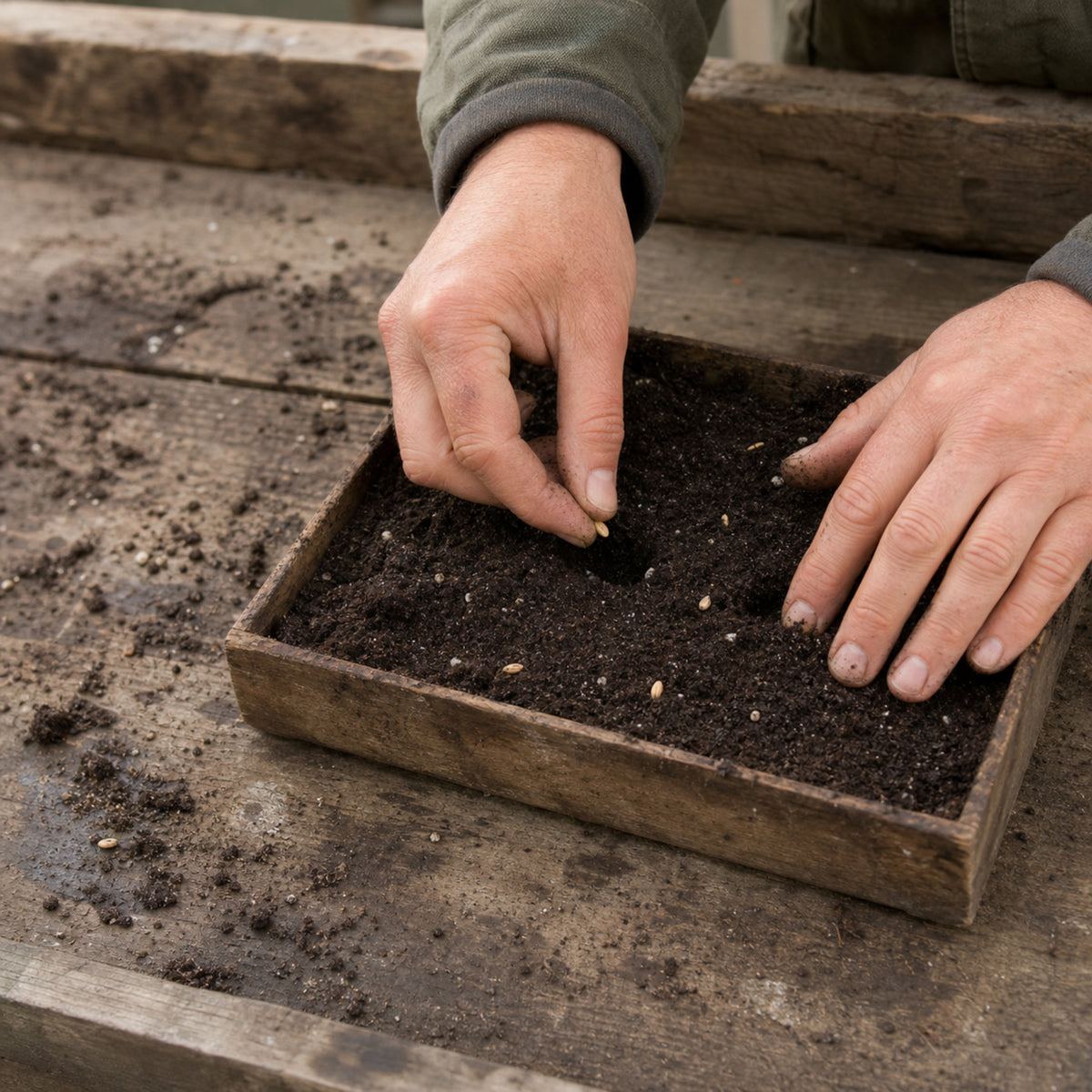 Hands sowing seeds into a wooden seed tray of dark soil on a weathered bench