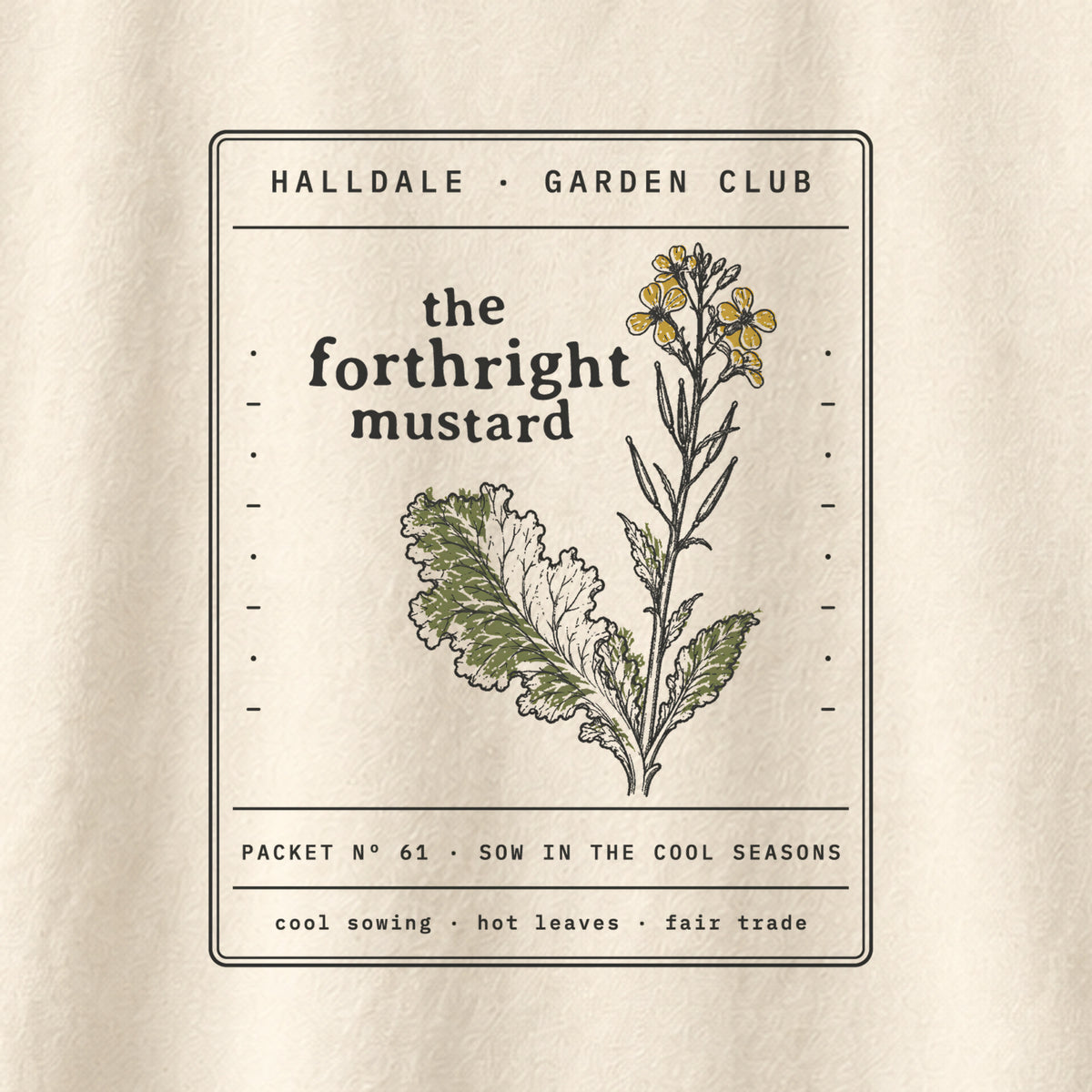 The Forthright Mustard tee in Ivory, close-up of the print