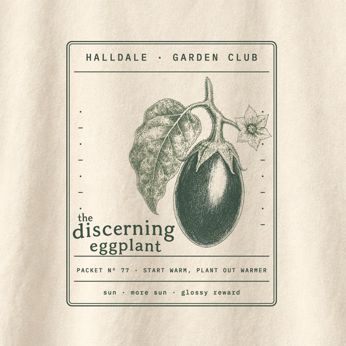 The Discerning Eggplant tee in Ivory, close-up of the print
