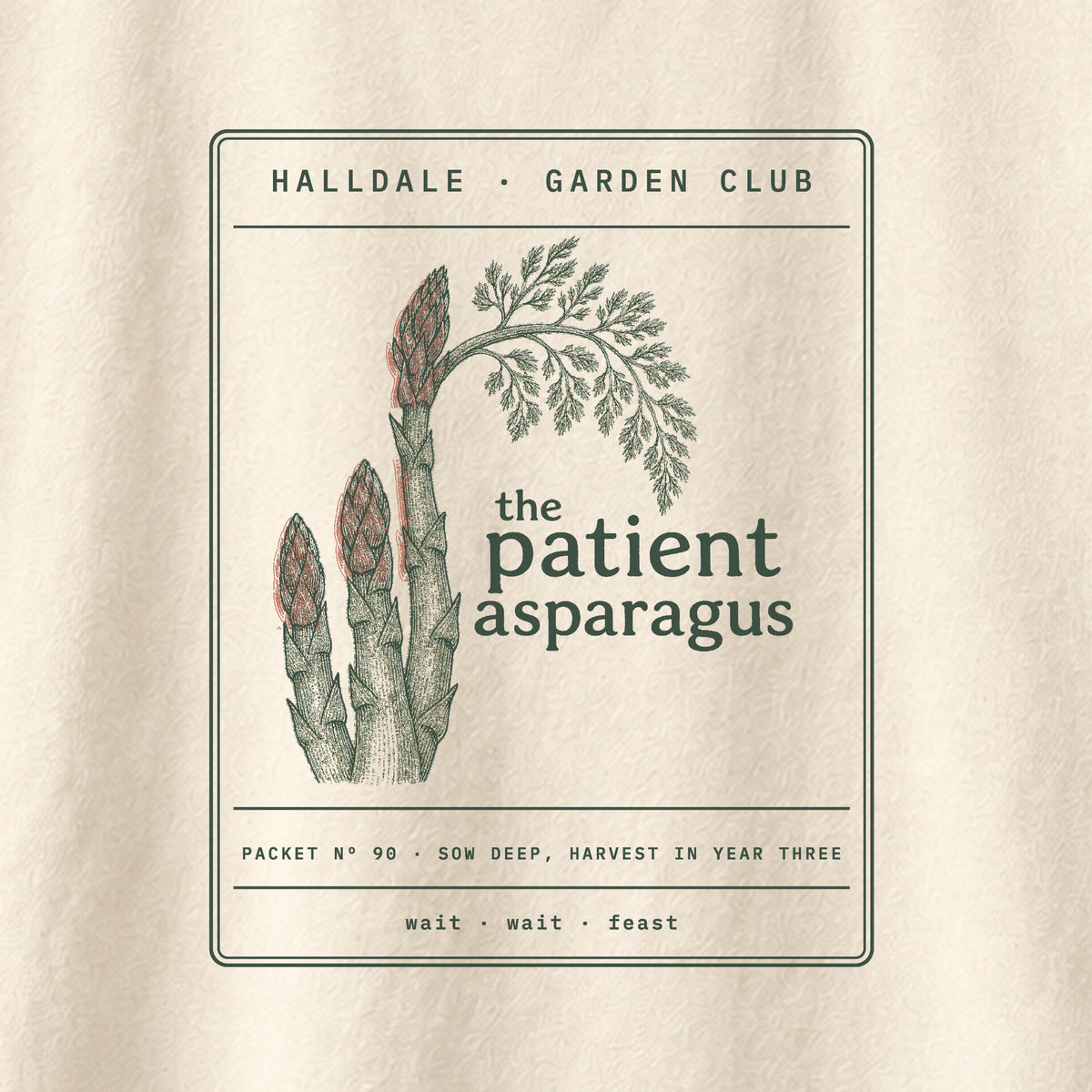 The Patient Asparagus tee in Ivory, close-up of the print